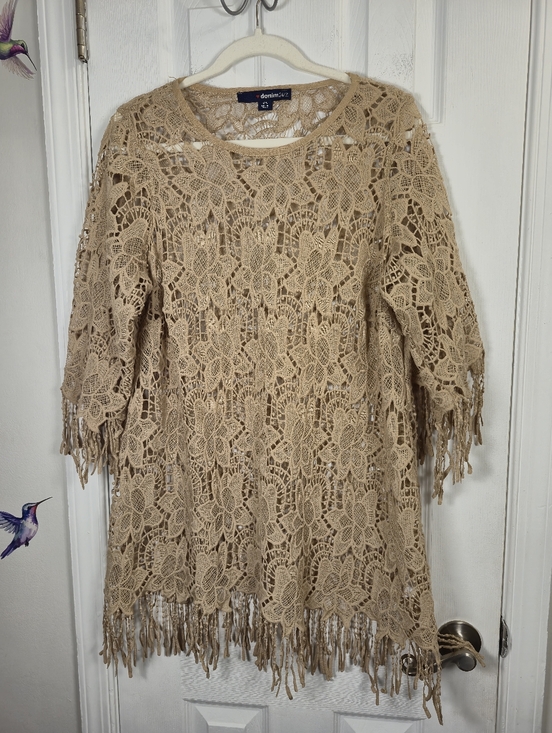 Denim 24/7 Dresses & Skirts - Denim 24/7 12W Cream Lace Tunic Top/Dress Fringe Long Sleeve Boho Dress